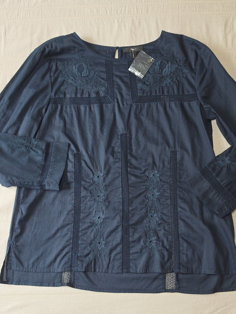 J Crew Navy Embroidered & Lace Inset Cotton Blouse Women's Size 0